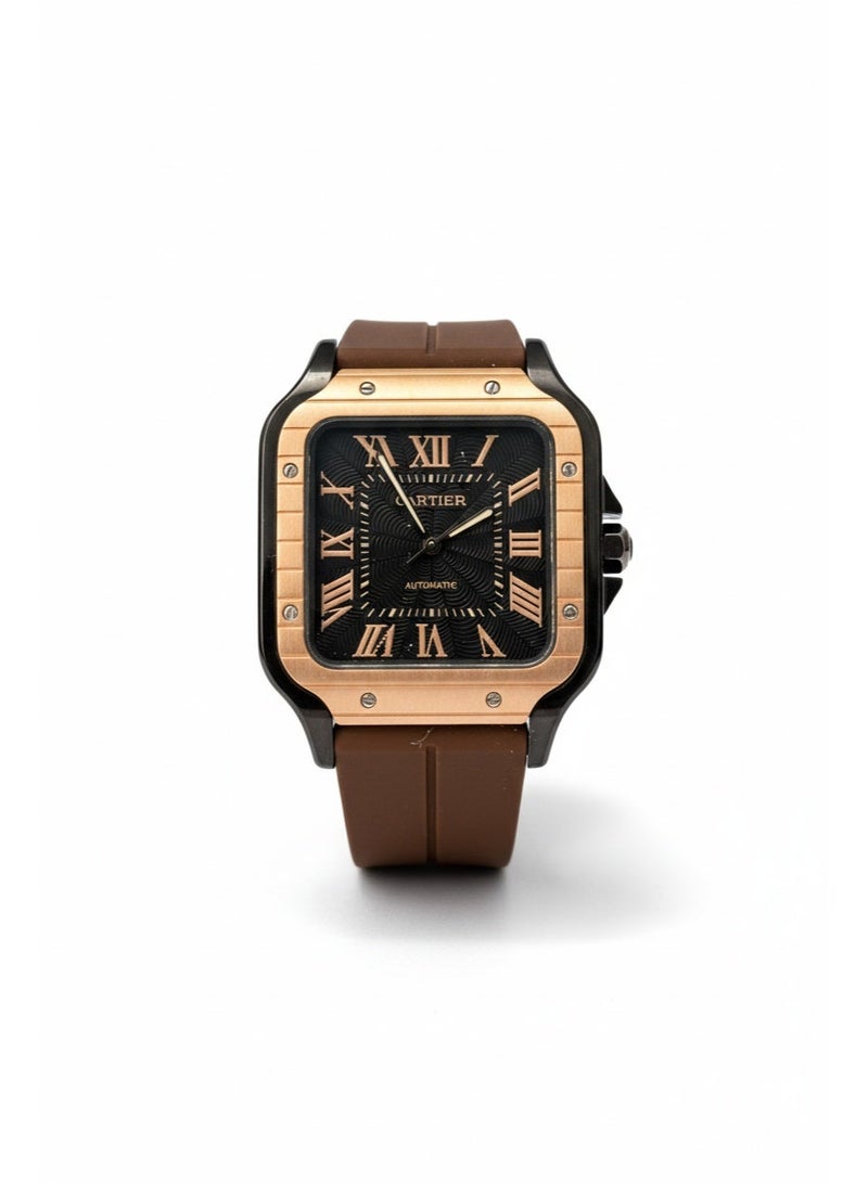 Cartier Men’s Luxury Square Wristwatch – Brown Silicone Strap with Rose Gold Frame - Image 1